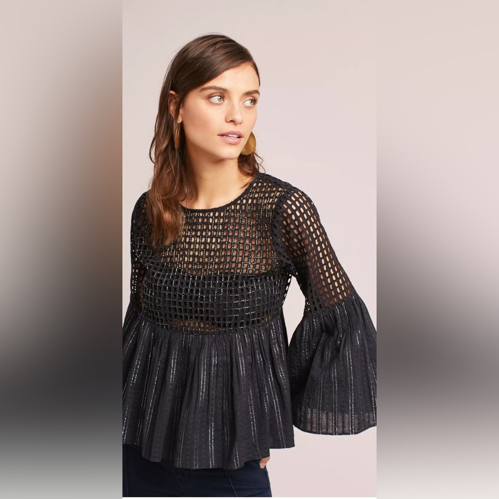 ANTHRO Maeve Alameda Metallic Sequin Bell Sleeved Blouse